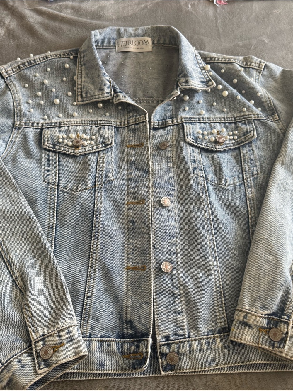 Pearl-Embellished Light Wash Denim Jacket - Light Blue